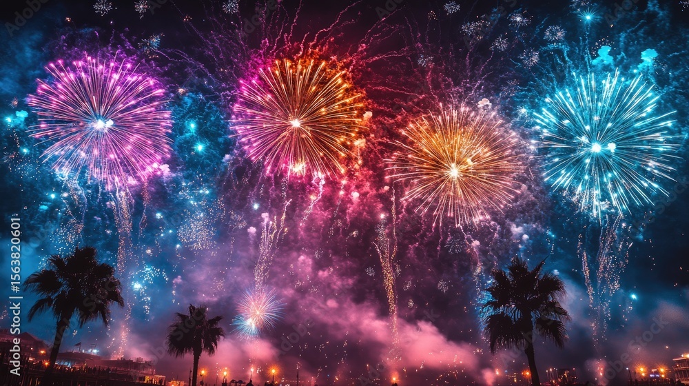 Poster multi-colored fireworks exploding behind palm trees along a u.s. coastal town boardwalk
