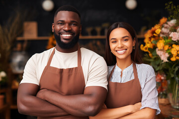 Smiling man and woman wearing aprons standing confidently with arms crossed in cozy floral shop, warm lighting highlighting their friendly and professional expressions.