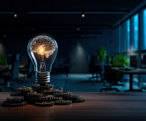 A light bulb with a glowing brain inside sits on a pile of gears, symbolizing the fusion of creativity and innovation in a modern workspace.