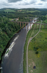 Aerial view of the iconic Leaderfoot Viaduct spanning the River Tweed near Melrose in the Scottish...