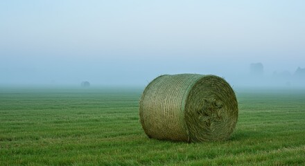 A large hay bale sits alone in a misty field, a tranquil rural scene.