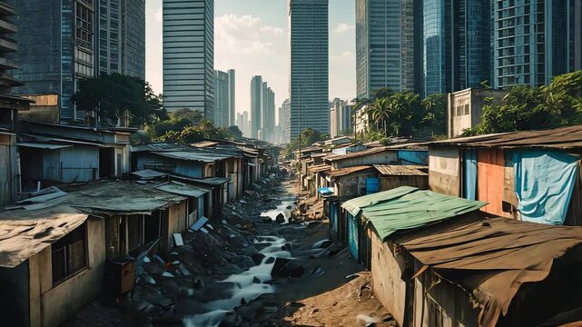 Urban Slum Narrow Street Shantytown Cityscape Skyscrapers Background Poor Housing Alleyway River Daytime View
