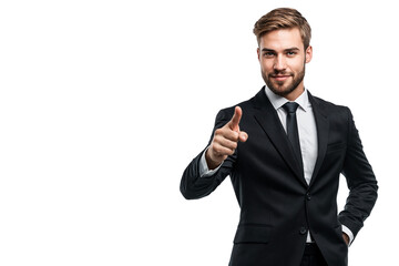 Young businessman in a black suit pointing forward with a smile, isolated on transparent background