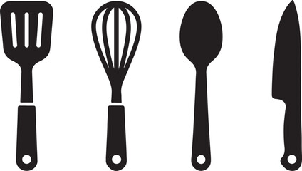 Isolated kitchen utensils set including fork, spoon, and knife