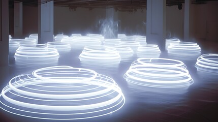 Subtle ghost-like spiraling circuit designs made of white mist and luminous code lines in a vacuum environment.