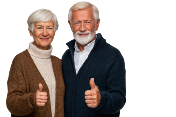 Smiling elderly couple giving thumbs up, dressed in cozy winter clothing, isolated on transparent background