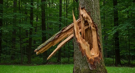 Damaged tree in forest after a storm or accident