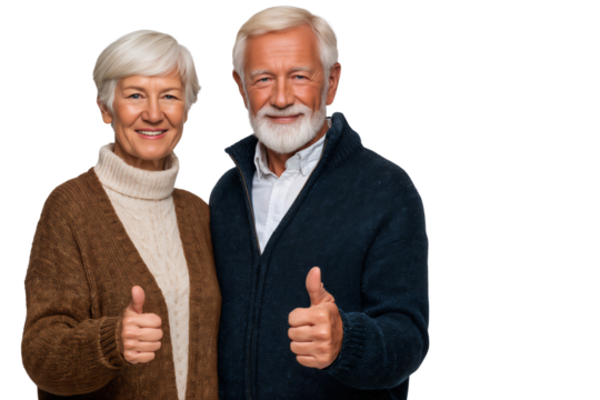 Smiling elderly couple giving thumbs up, dressed in cozy winter clothing, isolated on transparent background
