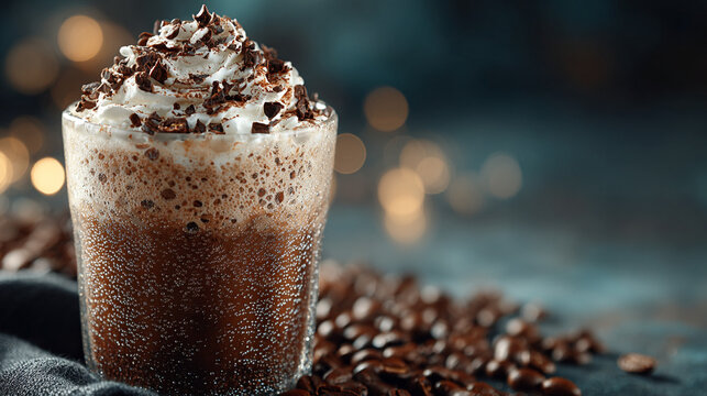 A glass of iced coffee with whipped cream and chocolate shavings on a dark blurred background