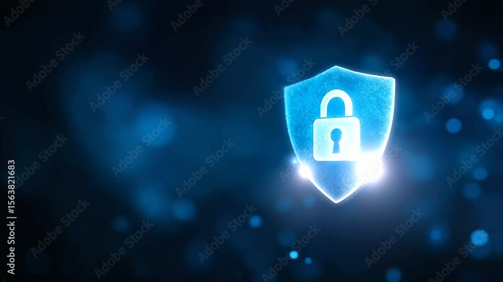 Poster digital shield and lock icon representing advanced cybersecurity measures.