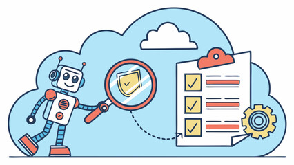 AI Robot Analyzing Cloud Data and Automating Tasks with Checklist for Quality Assurance and Smart Process Management