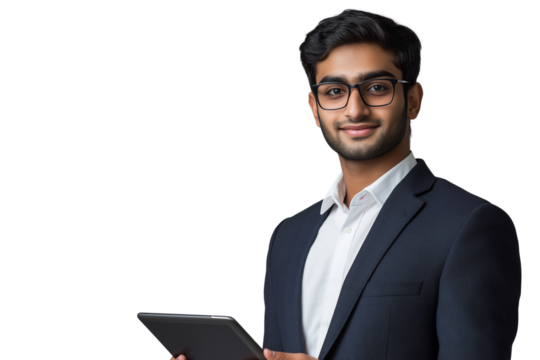 Confident young businessman in formal suit holding a tablet and smiling, isolated on transparent background - Powered by Adobe