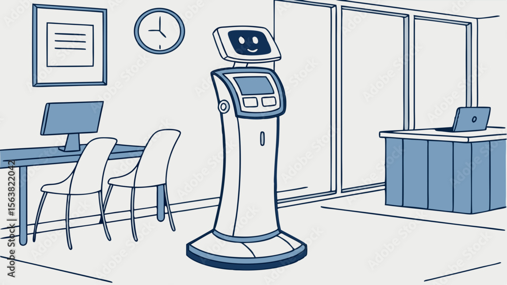 Poster friendly ai robot standing in a modern office or reception area, illustrating automation and future 