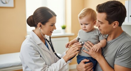 Doctor examining baby with stethoscope as father holds child in pediatric clinic