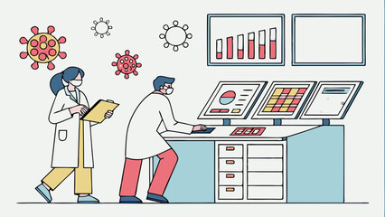 Medical Scientists Analyzing Virus Data in a Laboratory Setting, Healthcare Research and Disease Control Illustration, Scientific Team Working with...