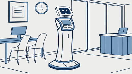 Friendly AI Robot Standing in a Modern Office or Reception Area, Illustrating Automation and Future Workplace Technology with a Clean Line Art Style