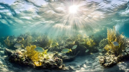 Fototapeta premium Sunbeams illuminate underwater coral reef scene with various fish swimming