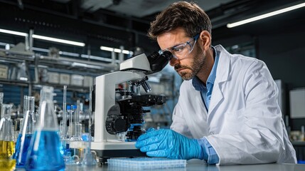 Male scientist in lab coat using microscope while conducting research in modern science laboratory