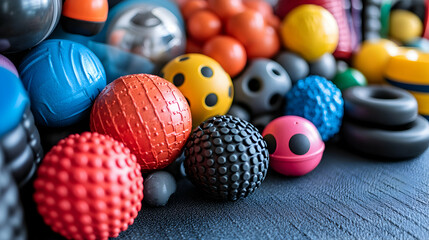Colorful collection of massage balls and fitness equipment for physiotherapy or sports therapy.