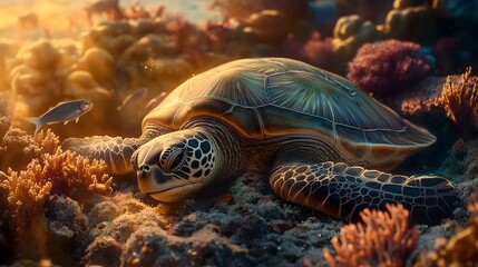 Fototapeta premium Sea turtle resting on ocean floor among coral and fish underthesea oceanlife