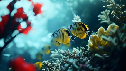 Obraz premium Two Yellow and Black Butterflyfish swimming amidst vibrant coral reef sea