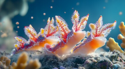 Vibrant orange and pink nudibranchs on ocean floor detailed close up sea