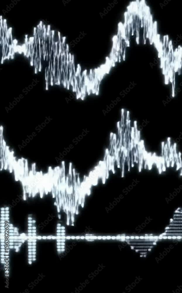 Poster mesmerizing full-frame abstract audio waveform equalizer video with luminous white and cool gray spectral lines pulsing across a pure black background, creating rhythmic peaks and troughs and an