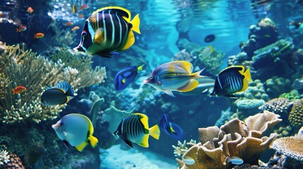  A vibrant coral reef teeming with colorful fish, showcasing the diversity of marine life in its clear blue waters. 