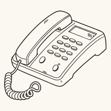 A line drawing of a retro office desk telephone with coiled cord