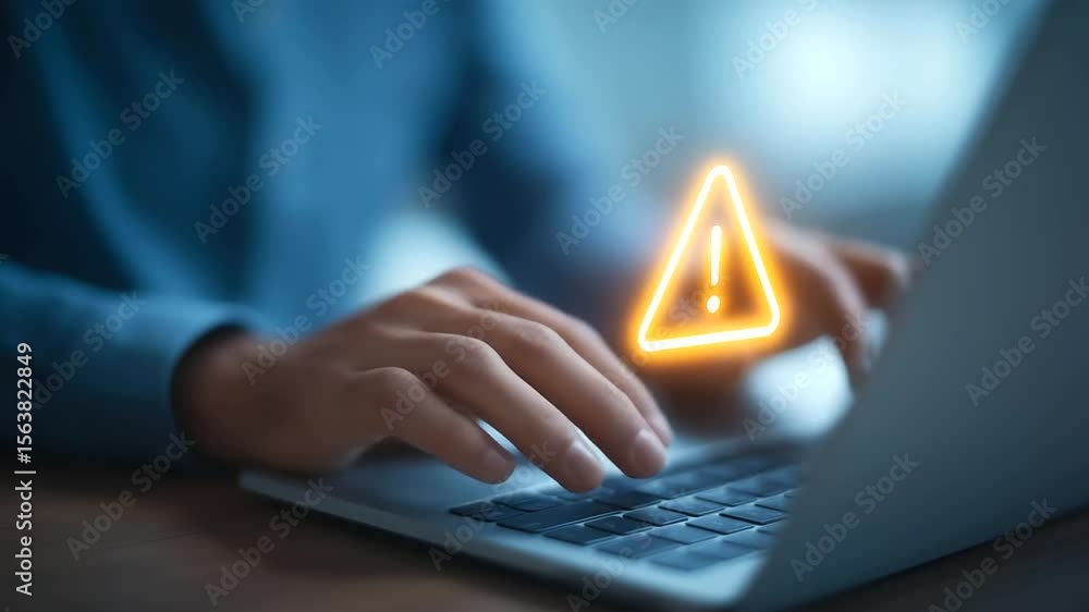 Poster hands typing on a keyboard surrounded by digital warning symbols indicating cybersecurity threats.