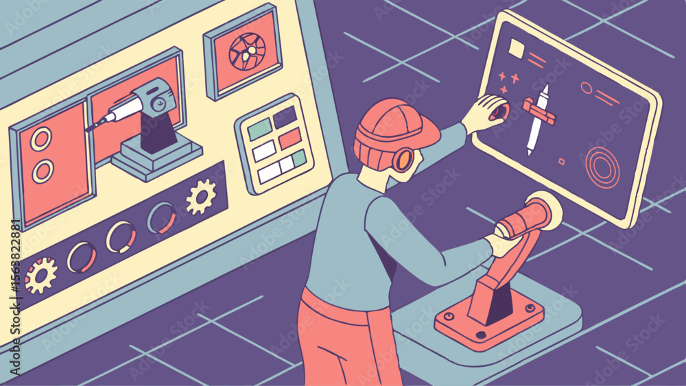 Poster automated factory control: engineer operating robotic arm