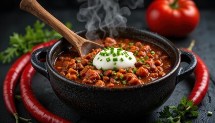 Steaming Bowl of Spicy Chili with Sour Cream and Fresh Herbs Delight