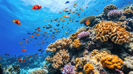 A vibrant coral reef teeming with colorful fish and marine life, showcasing the beauty of marine conservation in action.