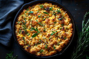 cornbread oyster stuffing thanksgiving iron pan wooden table
