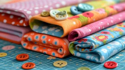 Fototapeta premium Colorful fabric rolls stacked, showcasing various patterns and textures. Buttons scattered nearby. Ideal for crafting, sewing, textile, and fashion blogs.