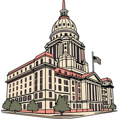 Illustration of a classic state capitol building with trees and an American flag