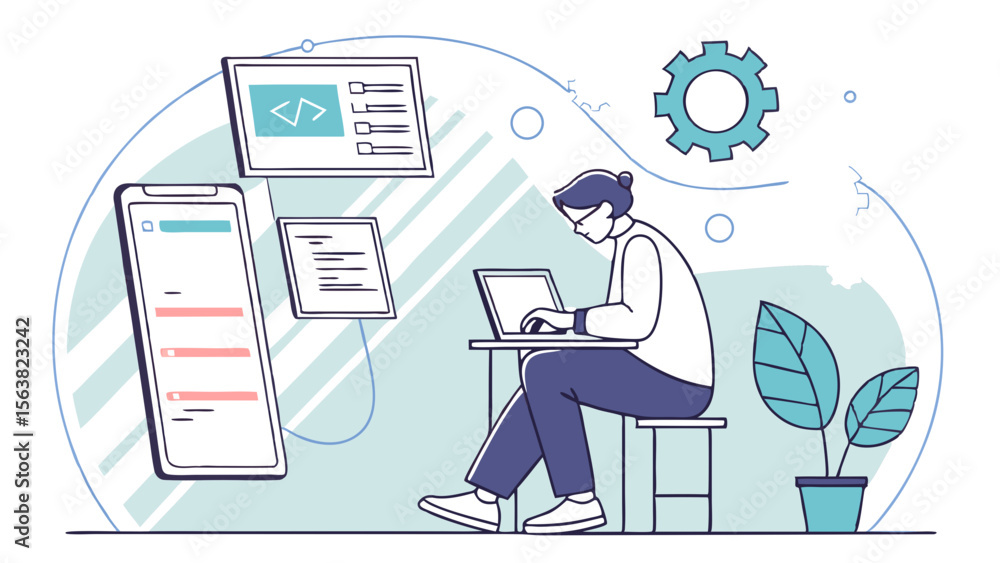 Aufkleber software developer coding on laptop: vector illustration