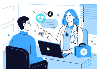 Doctor in office talking to patient. Health worker examine patients health in hospital, clinic. Medical consultation, examination, checkup concept. Vector illustration.