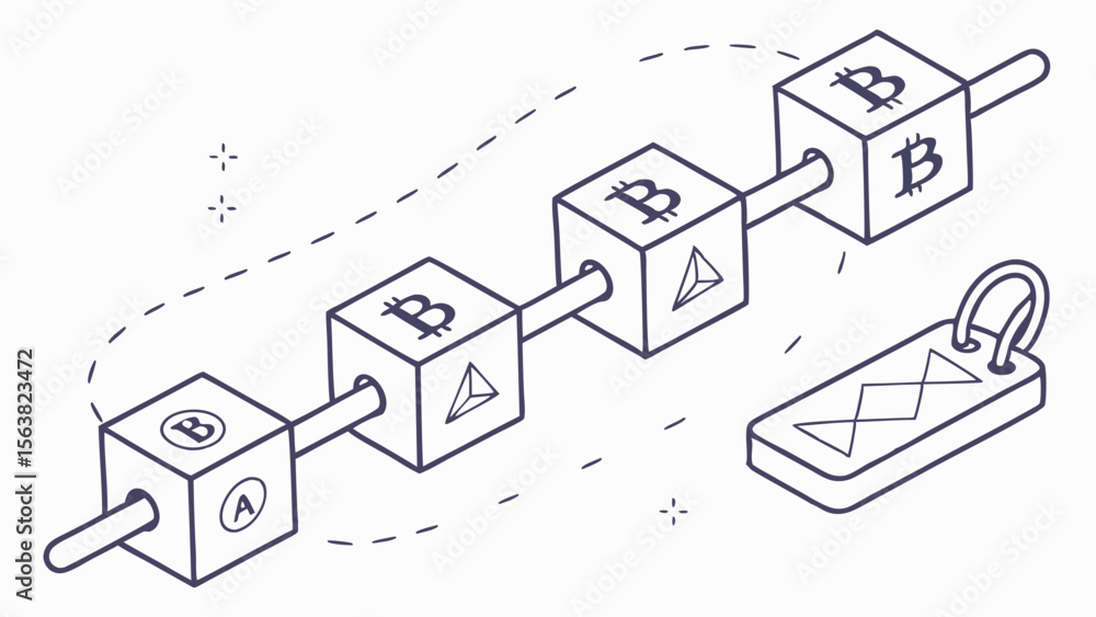 Aufkleber blockchain network: interconnected blocks and digital key
