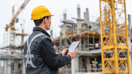 Construction engineer with tablet inspects building progress at site with cranes and concrete structure