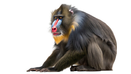 Fototapeta premium Mandrill primate with distinctive colorful face sitting on a transparent background isolated on transparent background