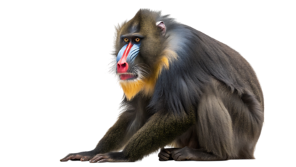 Mandrill primate with distinctive colorful face sitting on a transparent background isolated on transparent background