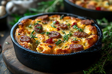 cornbread oyster stuffing thanksgiving iron pan wooden table
