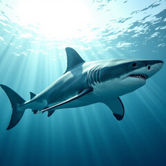 Obraz premium Great white shark swimming, side profile, clear ocean background
