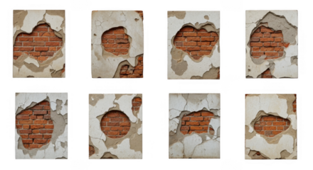 Detailed Textured Wall Featuring Cracked Paint and Exposed Brick Ideal for Urban and Vintage Design Projects, isolated on a transparent background