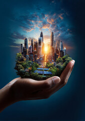 A visually striking image of a hand cradling a miniature city adorned with greenery and solar panels, symbolizing the fusion of urban life and environmental sustainability.