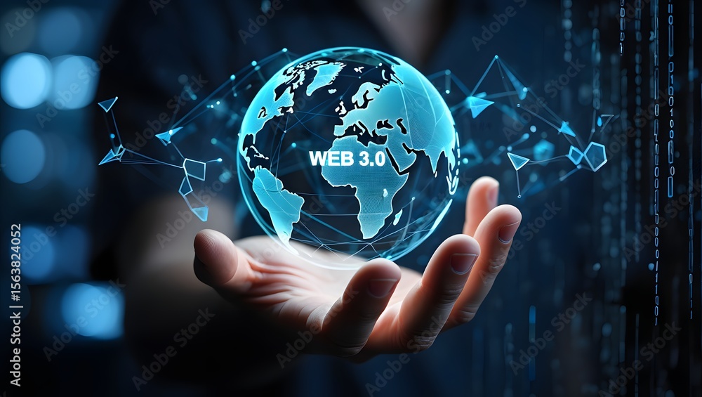 Poster web 3.0 concept image with businessman hand show web 3.0 with globe. technology global network, bloc