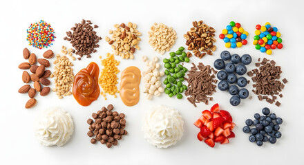Fototapeta premium Overhead view of various colorful dessert toppings, arranged on a white surface.