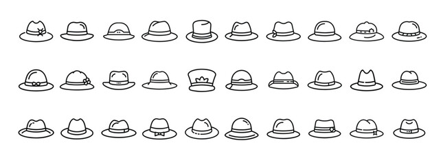 Hats, fashion accessories, headwear, classic styles – thin line web icon set. Outline icons collection. Simple vector illustration.