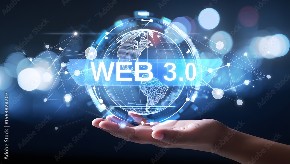 Poster web 3.0 concept image with businessman hand show web 3.0 with globe. technology global network, bloc